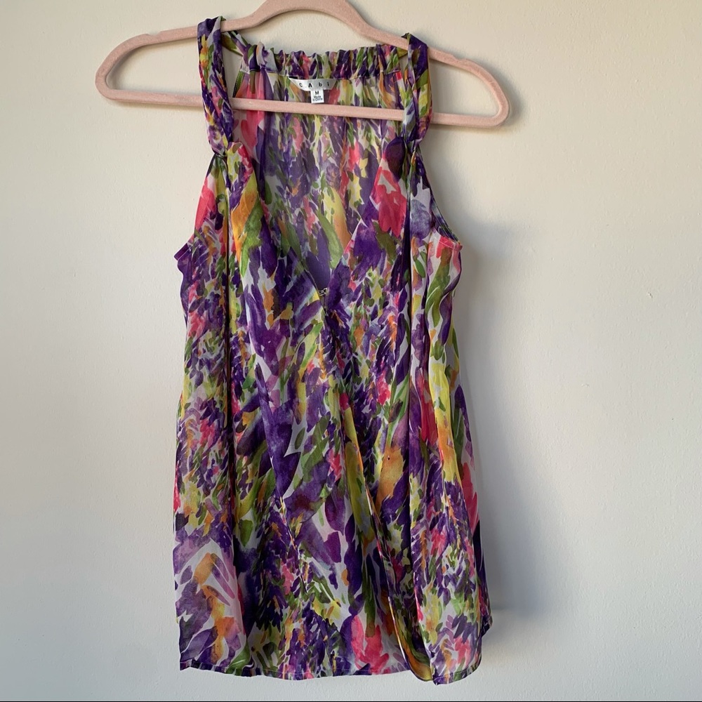 CAbi #730 Floral Petals Chiffon Faux Wrap Sleeveless Blouse Size Medium